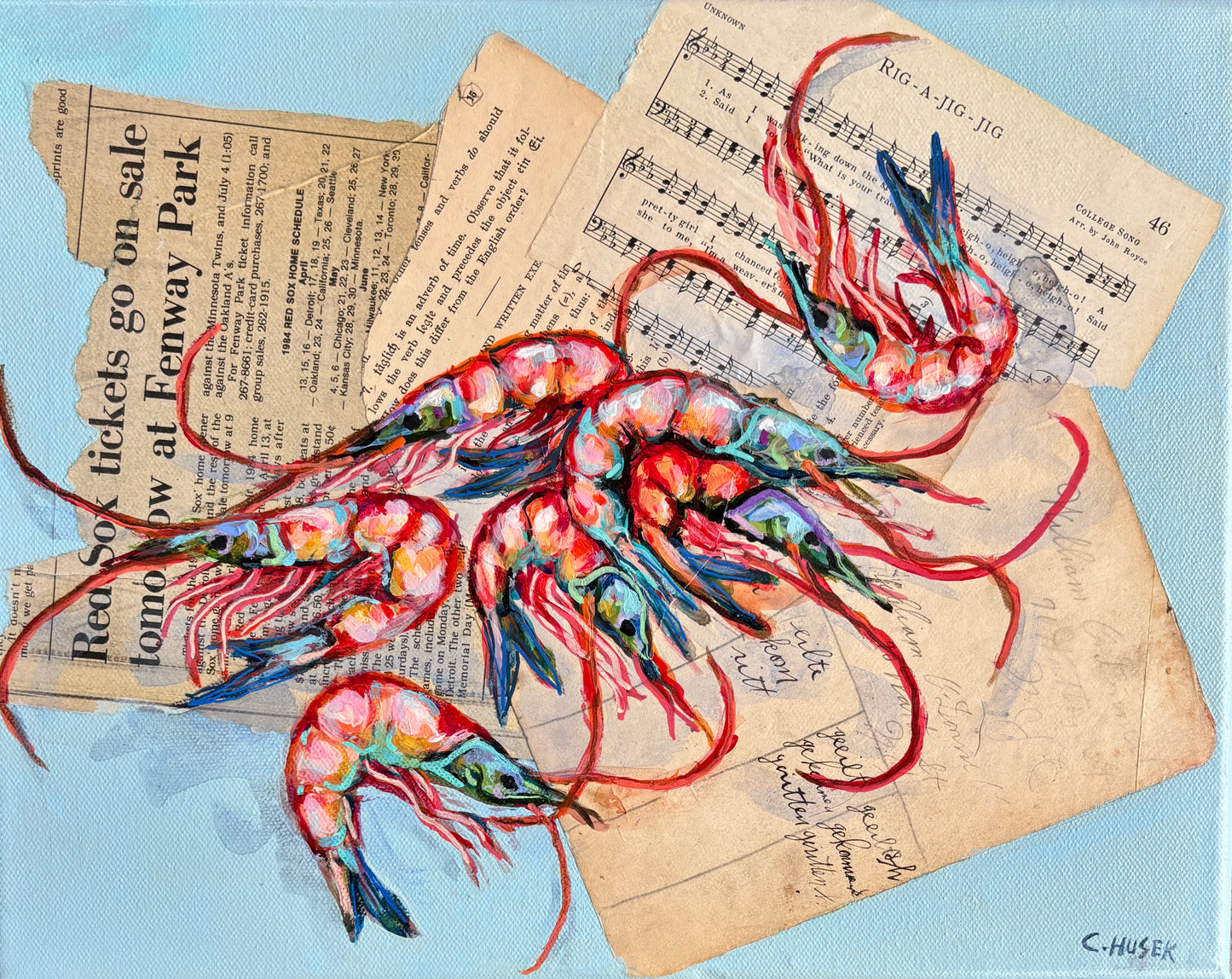 Colorful shrimp by Catherine Husek with coastal art on vintage music sheets and newspaper over light blue.
