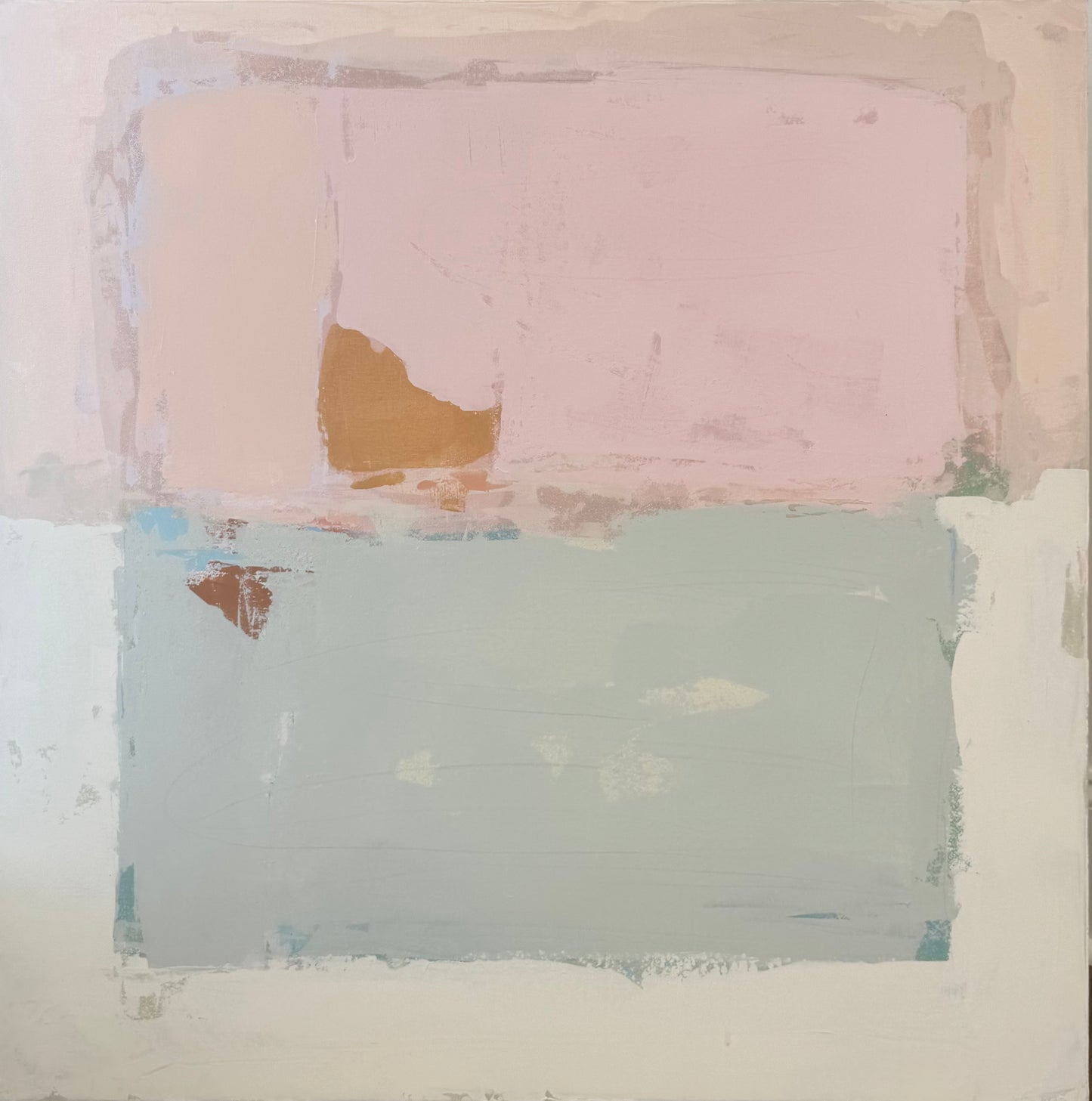 KP Art Collective abstract painting with sunwashed pink, pale blue, tan, and white minimalist brushstrokes.