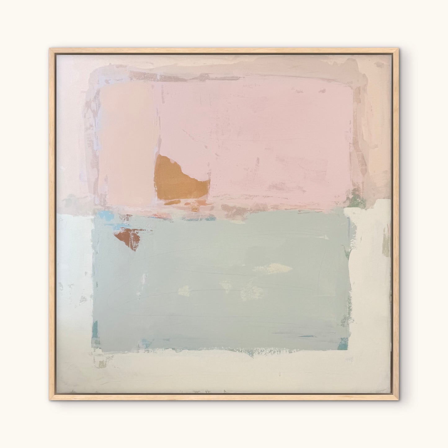 Minimalist art by KP Art Collective with pink, light blue, and brown rectangles in a simple wood frame.