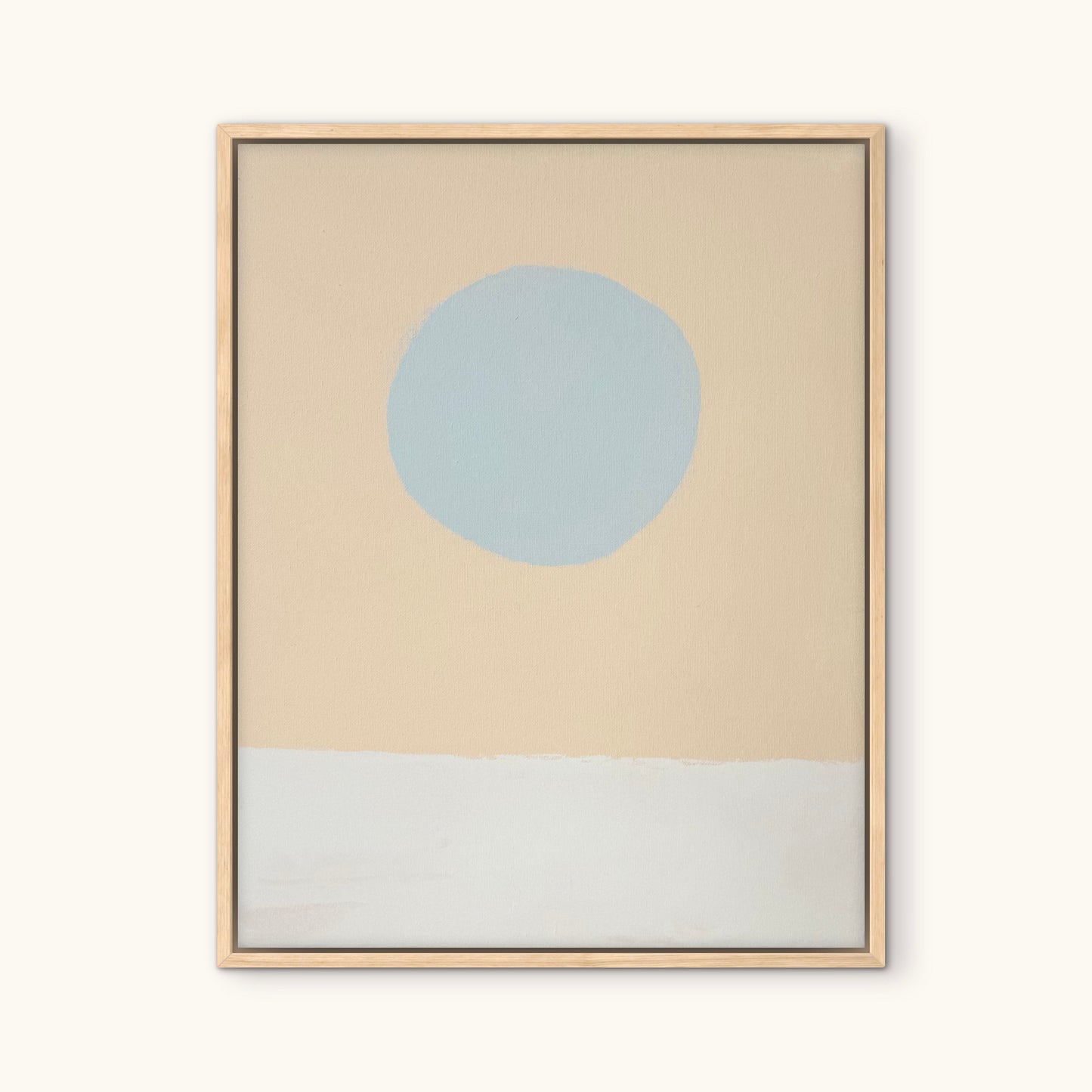 KP Art Collective minimalist print: pale blue circle over a white block, in light wood frame with sunwashed tones.