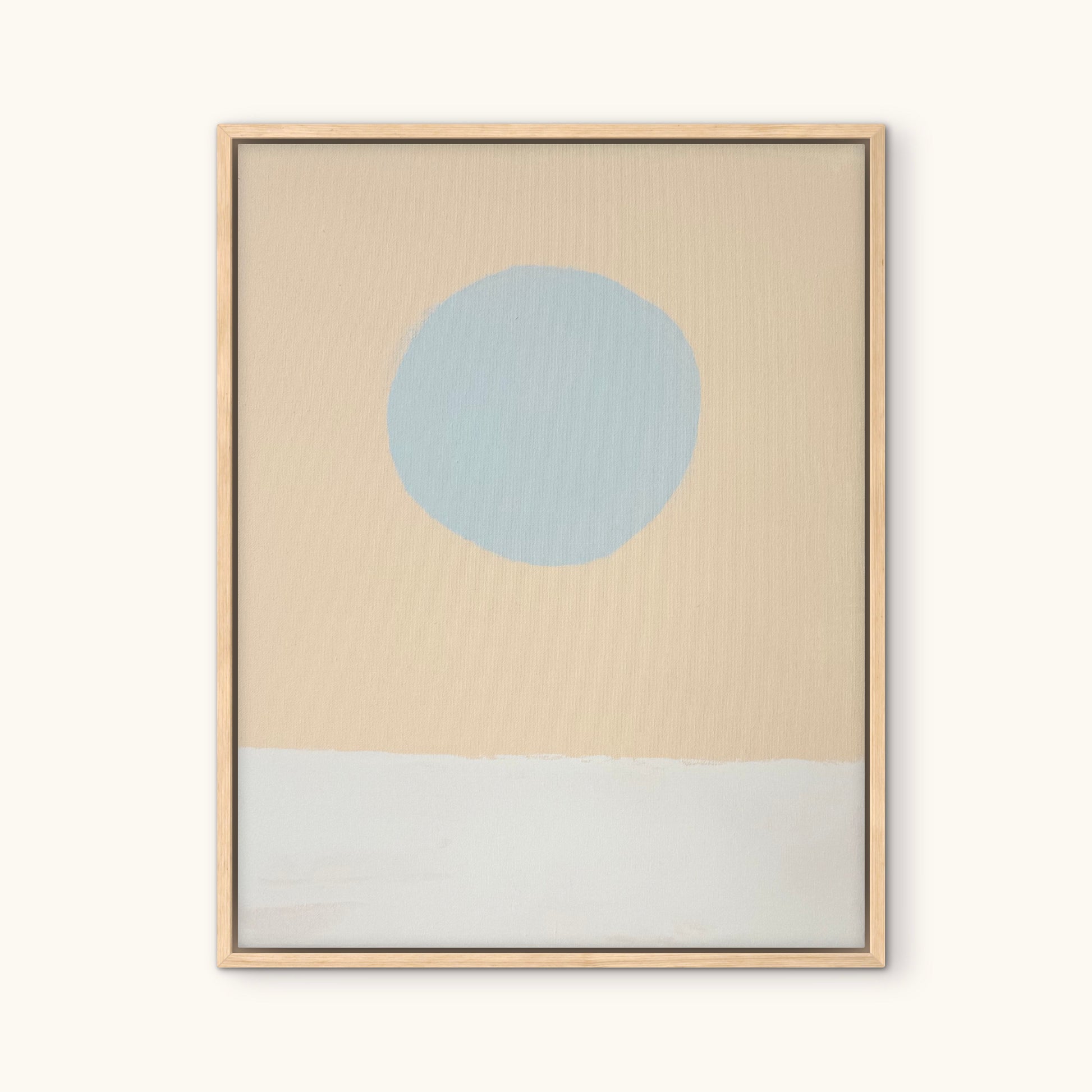 KP Art Collective minimalist print: pale blue circle over a white block, in light wood frame with sunwashed tones.