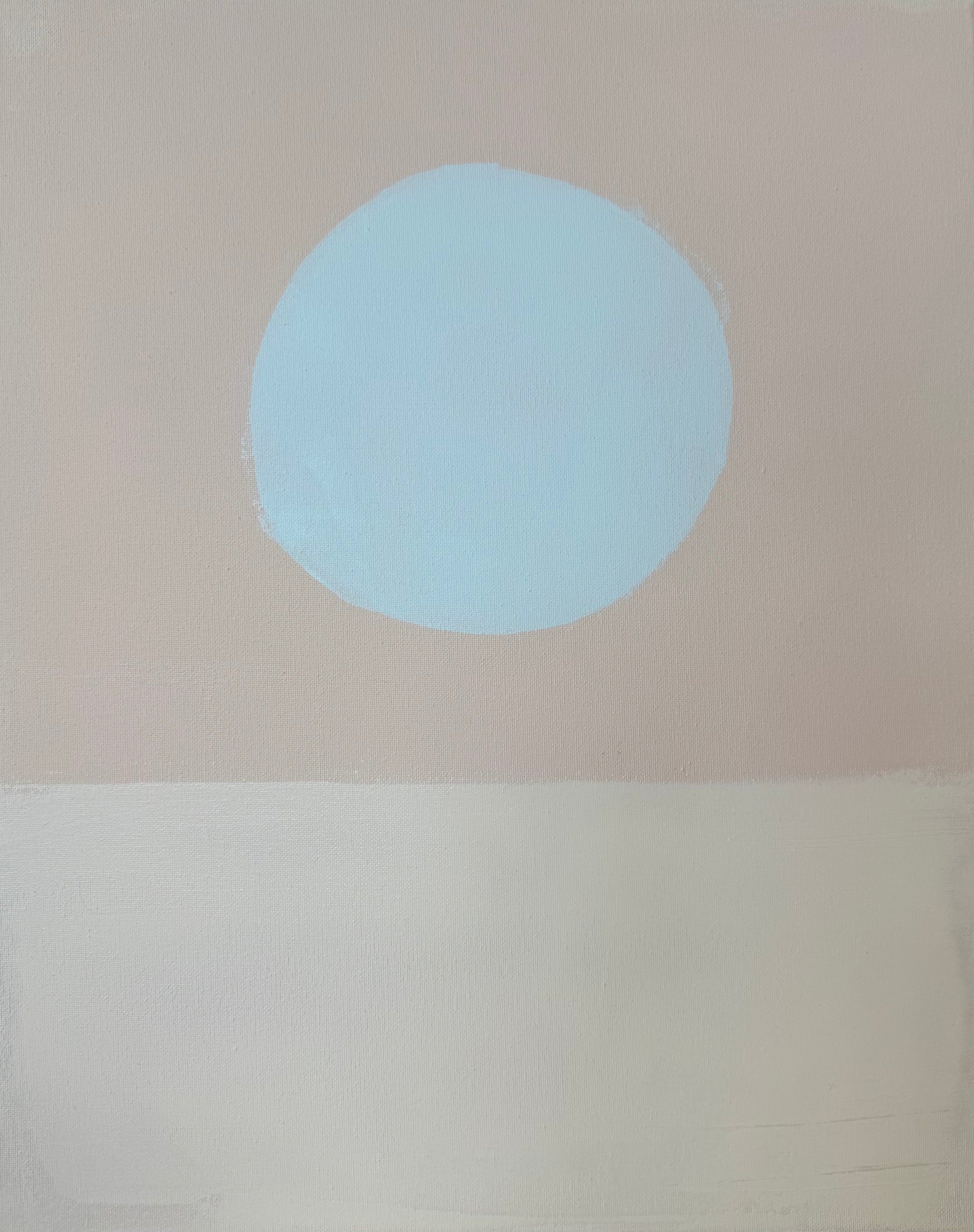 Minimalist art by KP Art Collective: a light blue circle above a pale gray band on a muted beige background.
