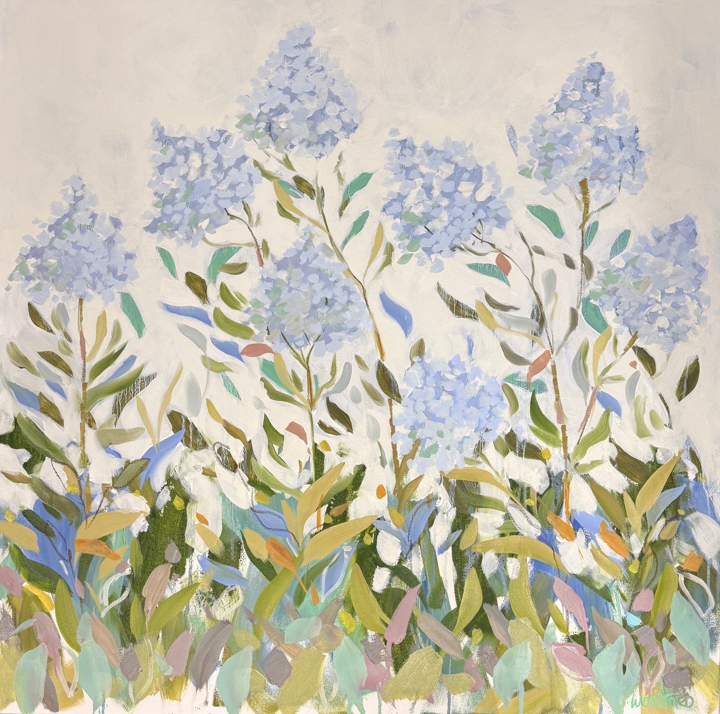 Shannon Woodford modern floral art with tall blue hydrangeas, green and gold leaves on pale background, oil on canvas.