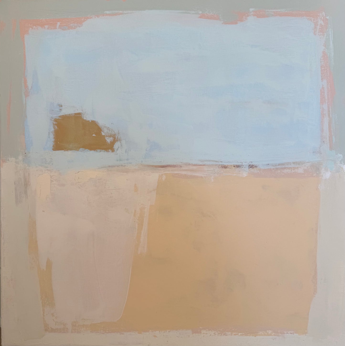 KP Art Collective minimalist art with soft beige, tan, light blue blocks, sunwashed hues, and a small brown patch above.