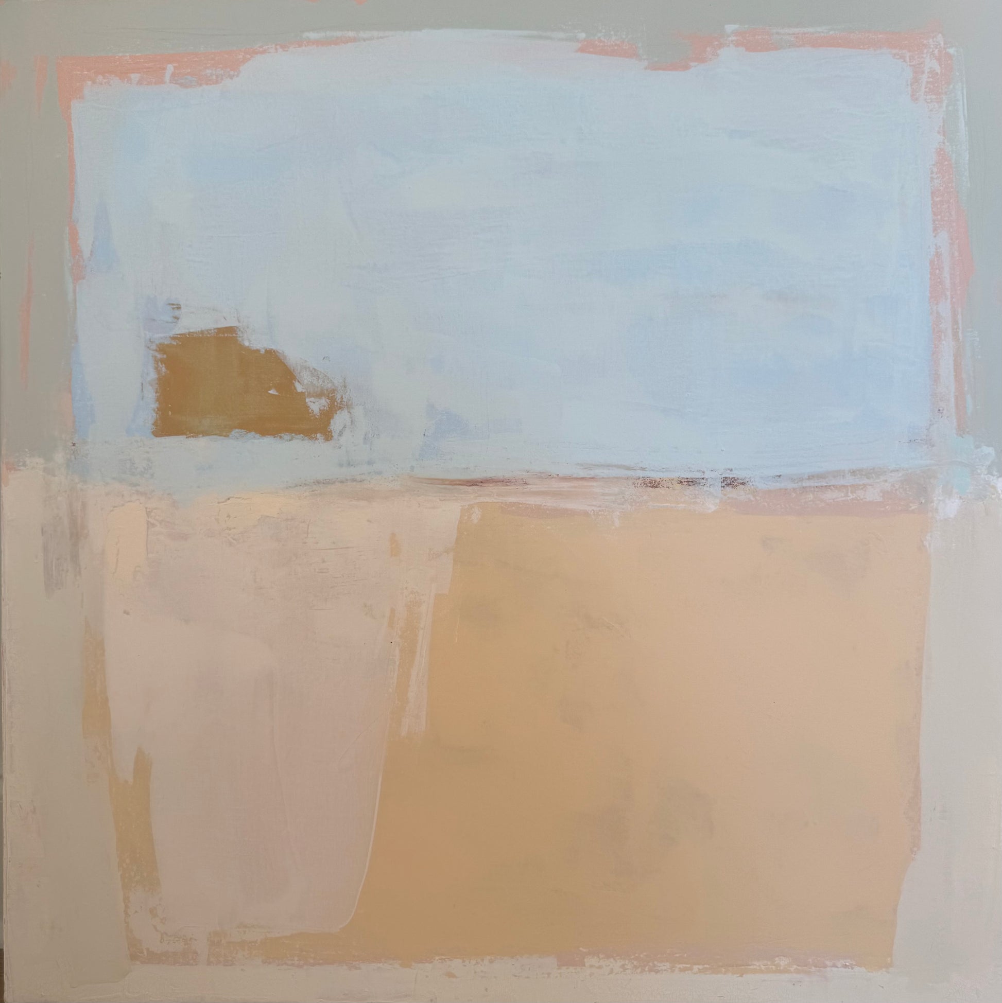 KP Art Collective minimalist art with soft beige, tan, light blue blocks, sunwashed hues, and a small brown patch above.