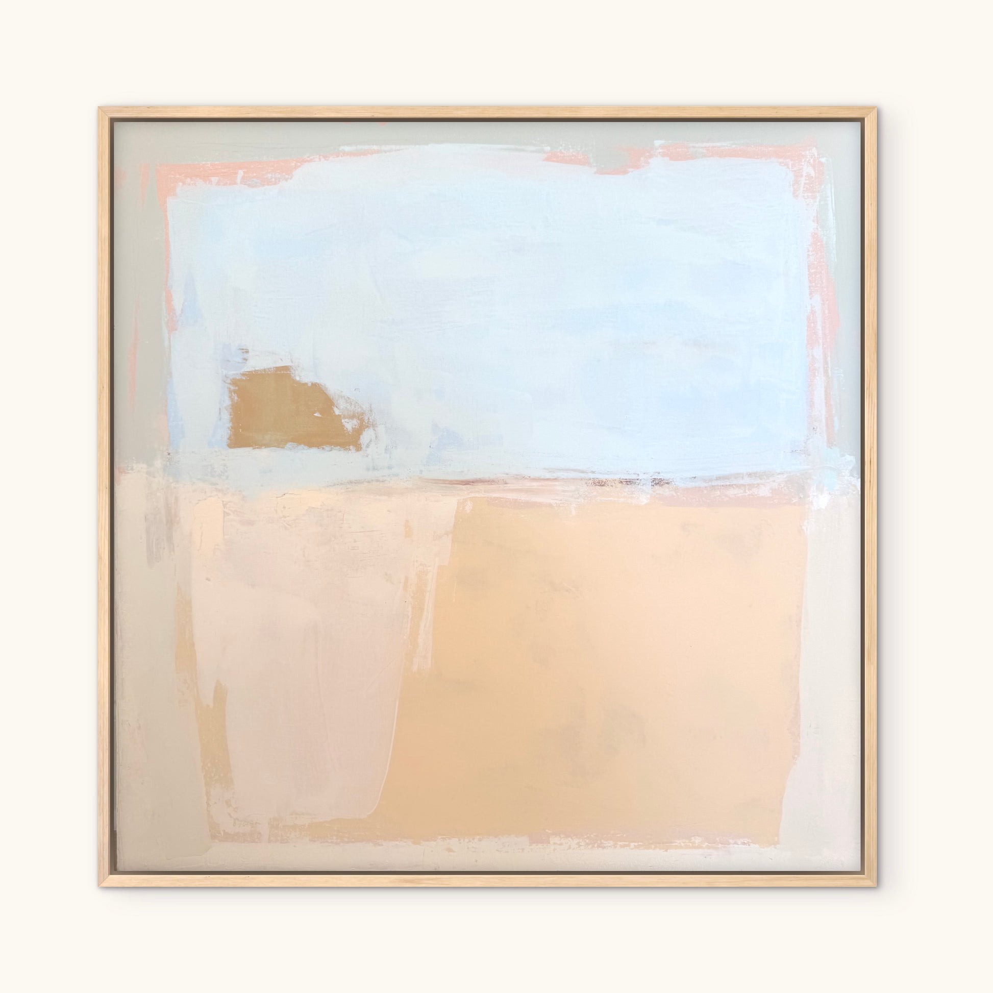 KP Art Collective’s minimalist wall art features soft blue, beige, and peach blocks in light wood for a calming look.