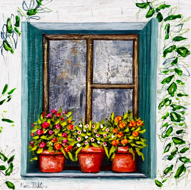 A painted window with three flower pots on the sill, framed in a gold wooden floating frame with colorful blossoms.