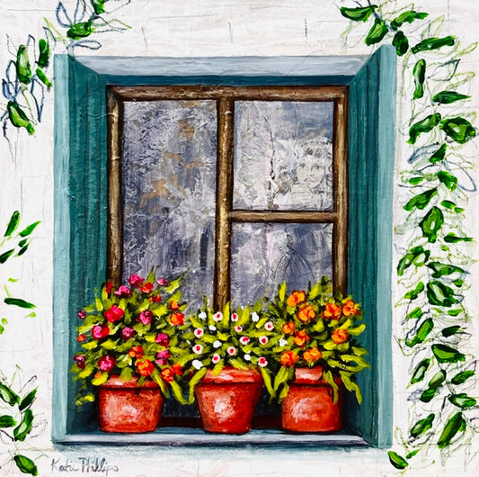 A painted window with three flower pots on the sill, framed in a gold wooden floating frame with colorful blossoms.