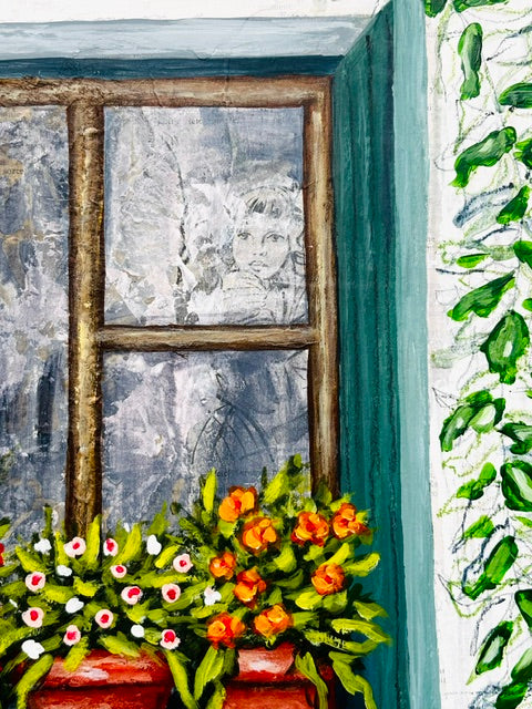 Acrylic mixed media painting of a window with flowers and a faint woman’s figure, created on cradled wood panel art.