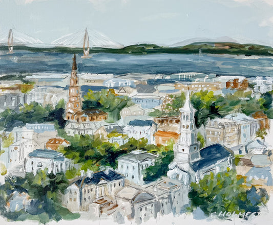 Christy Holmes Acrylic on Canvas, 20x24: Holy City with steeples, trees, and a bridge over a river in the background.