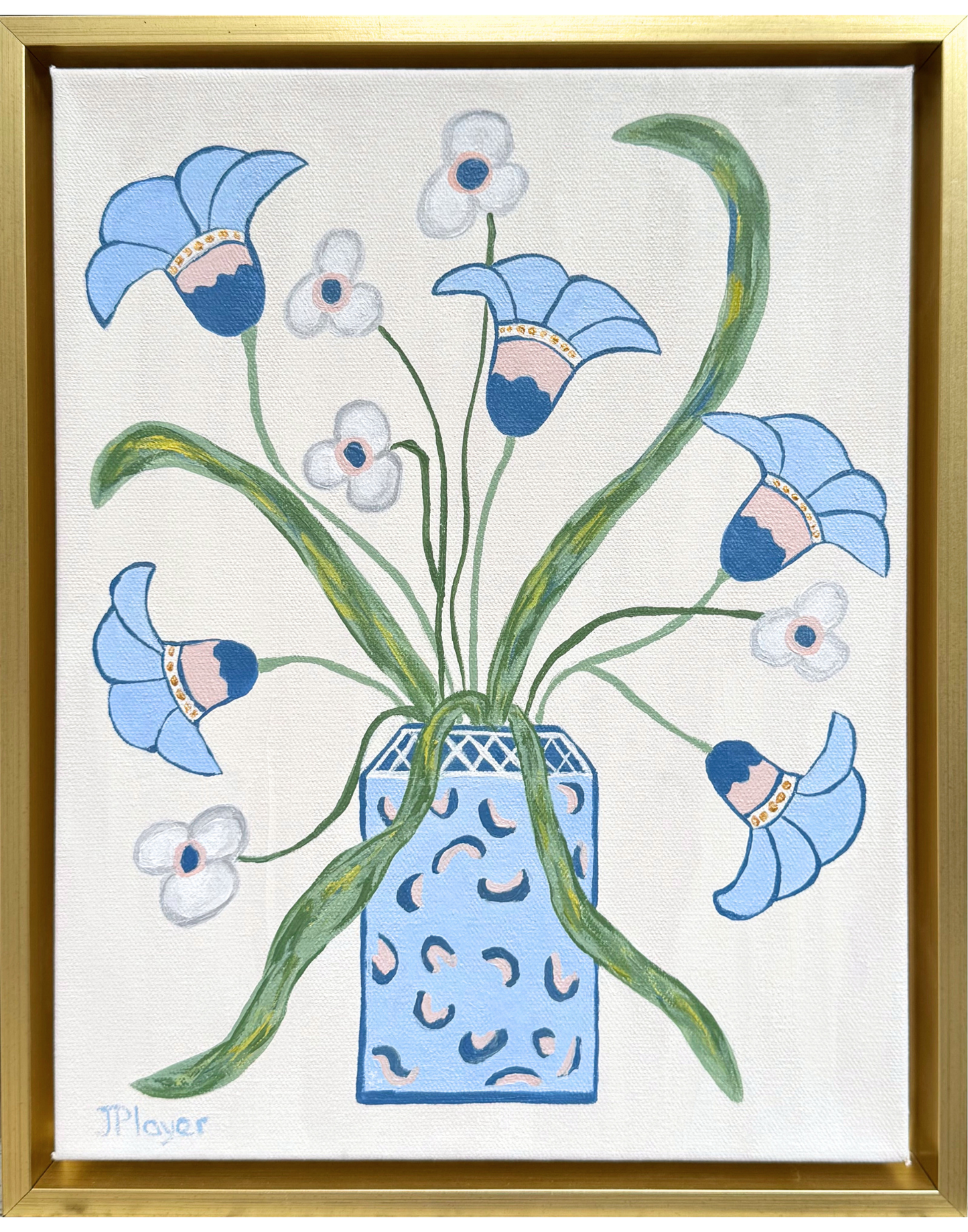 Original acrylic painting of blue and white abstract flowers with green stems in a gold float frame, floral art.