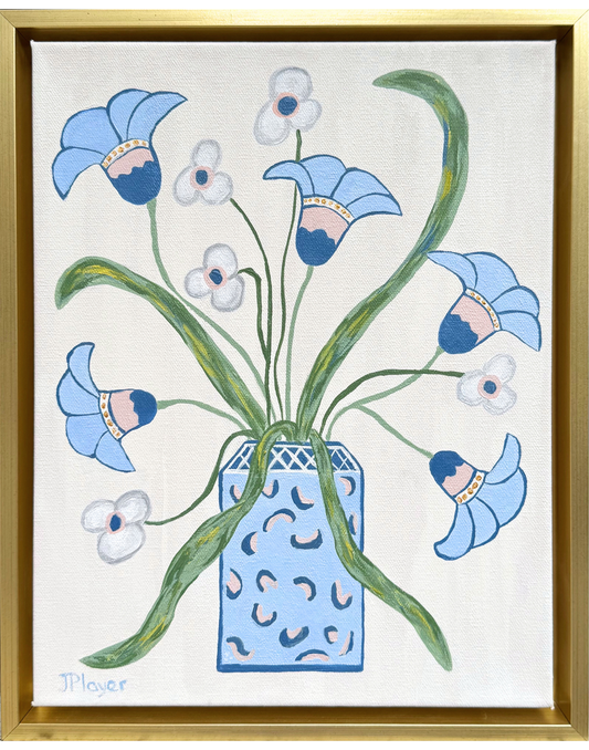 Original acrylic painting of blue and white abstract flowers with green stems in a gold float frame, floral art.