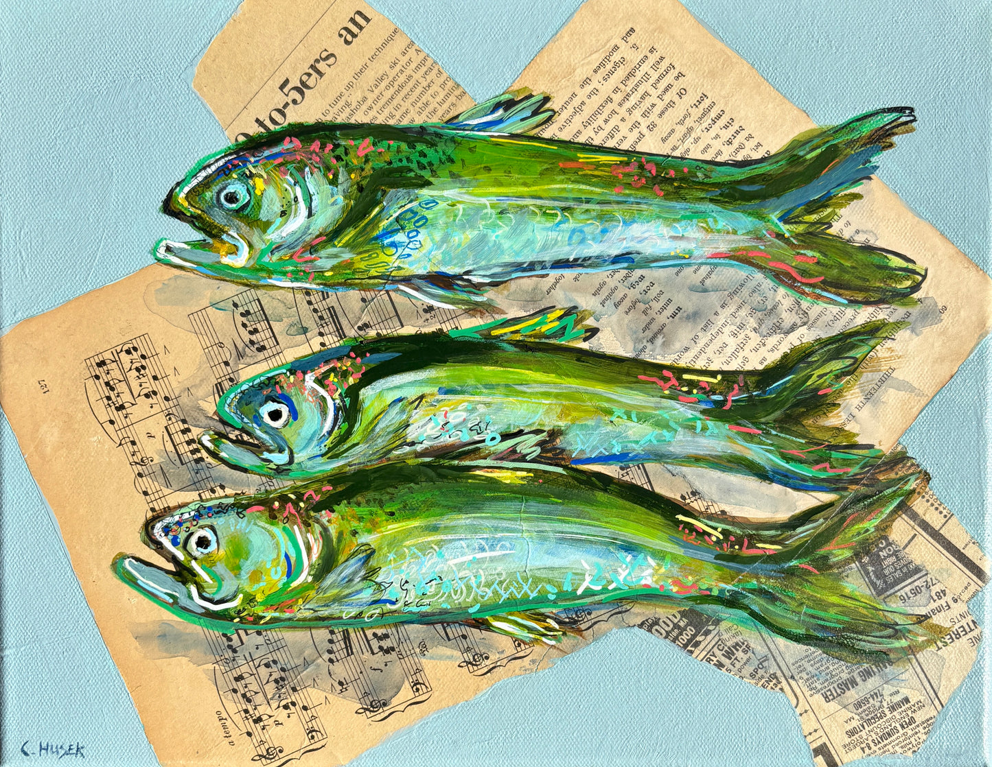 Three Catherine Husek acrylic sea creature paintings on vintage music and book pages, set on a light blue background.