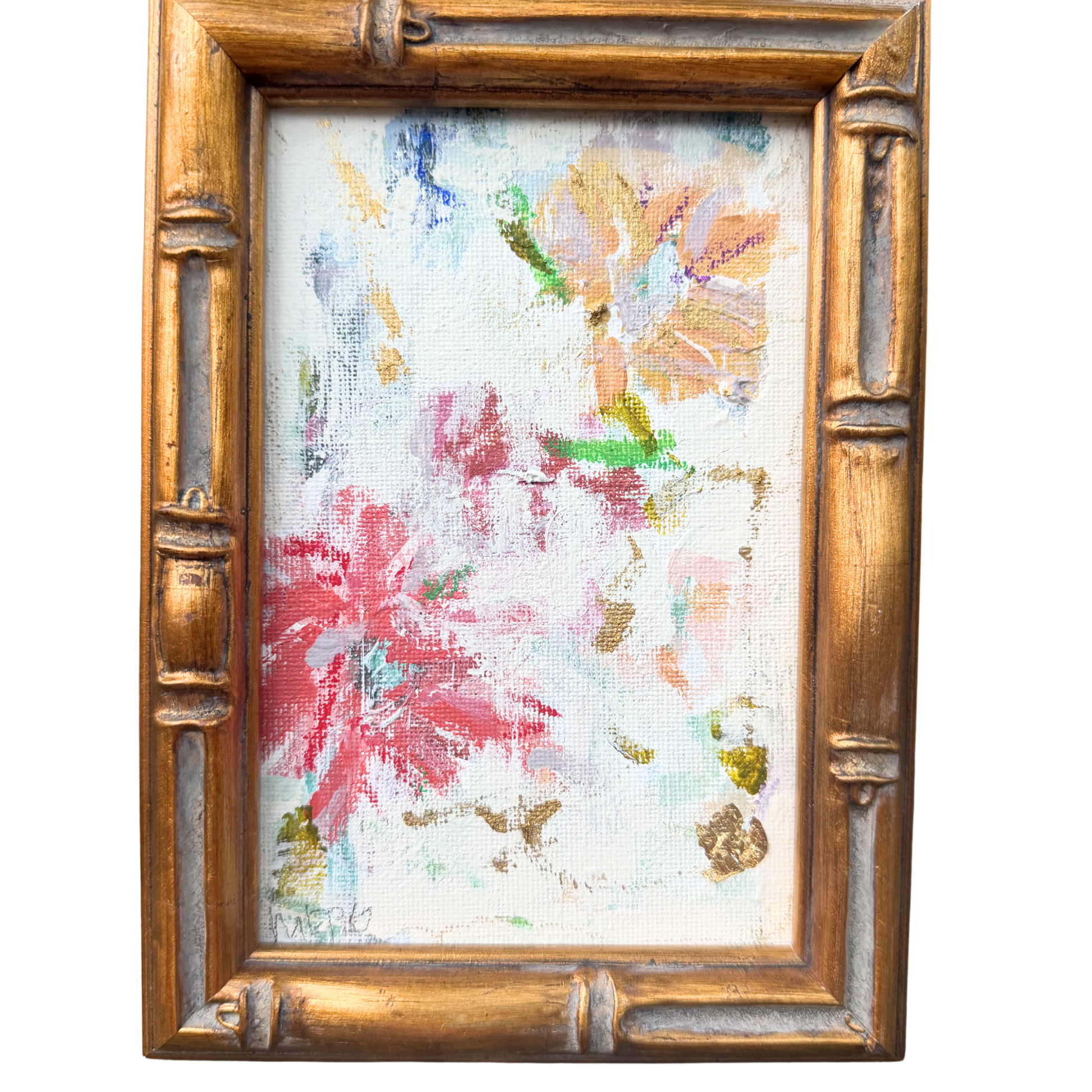 Megan Guidry framed flower art with red, pink, and orange blooms in a gold bamboo frame on white background.
