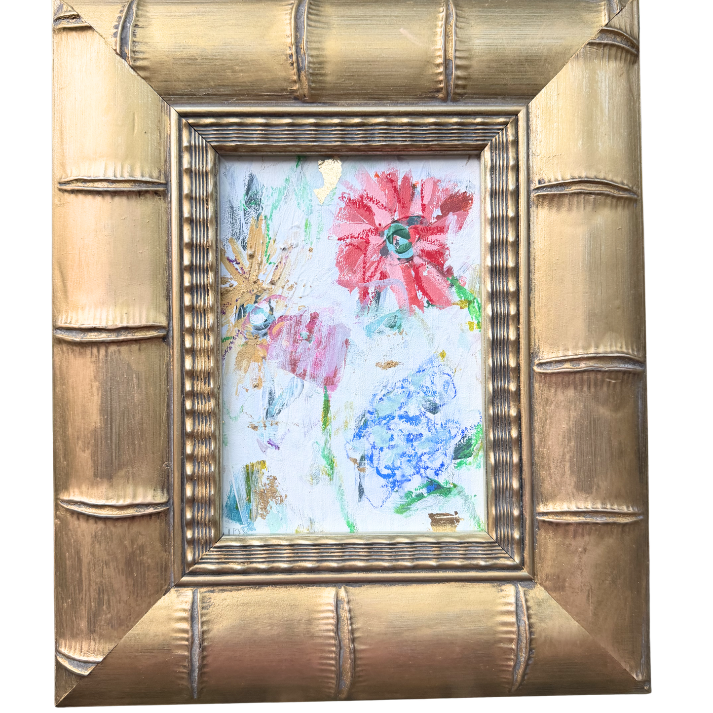 Megan Guidry framed art with abstract colorful flowers in a gold bamboo-style frame, perfect for Mothers Day.