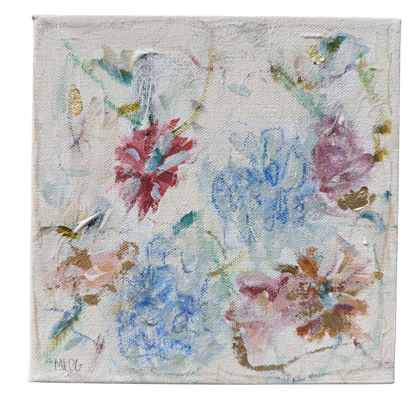 Megan Guidrys abstract flower art features blue, pink, and red blooms with green and gold—ideal for Mothers Day gifts.