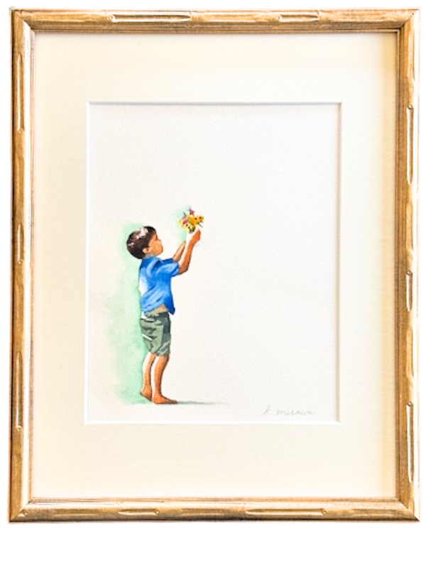 Watercolor of a young boy with toy airplane, from Keri Misawas Mothers Eyes collection, in gold frame.