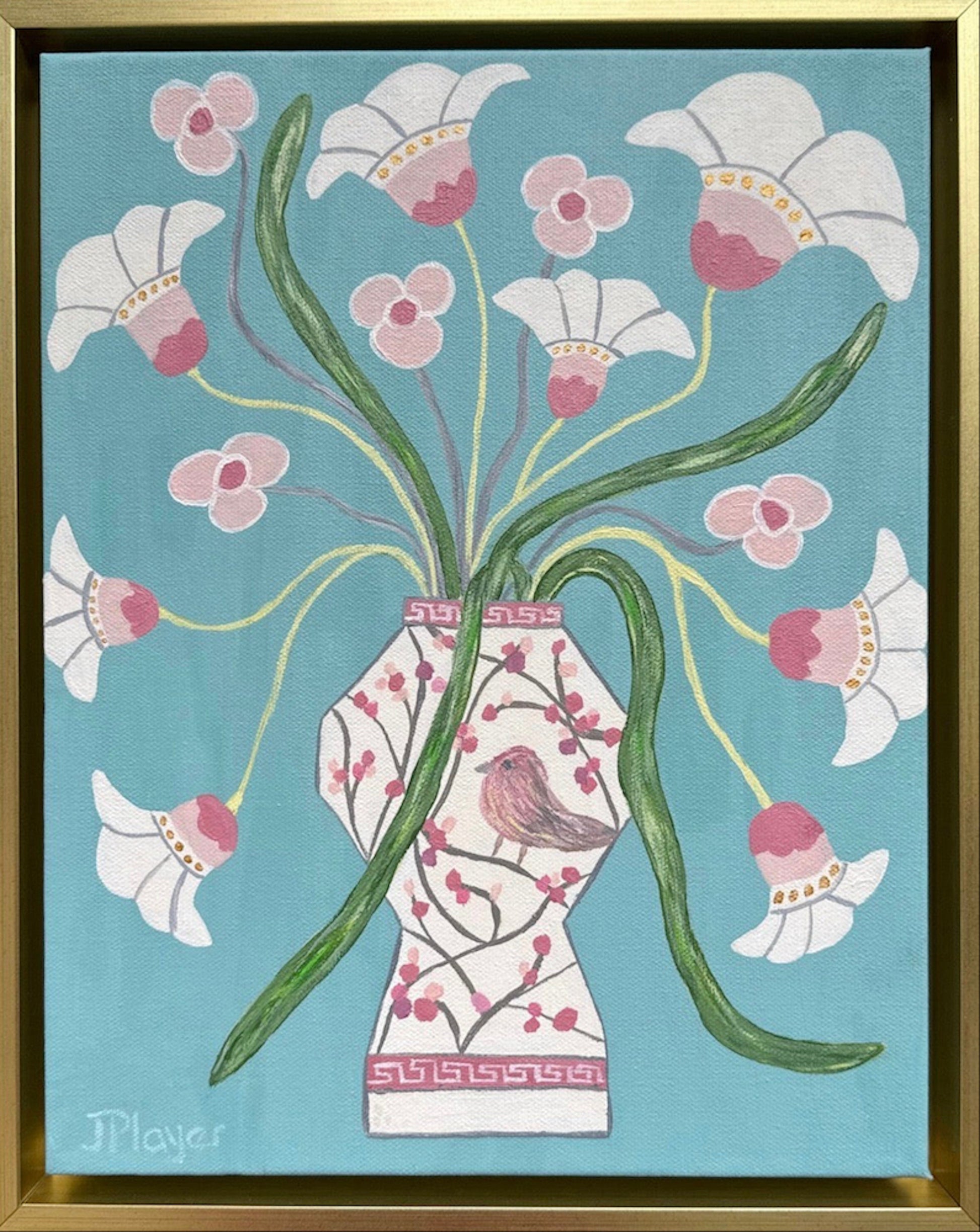 Acrylic still life of white and pink flowers in a chinoiserie vase with a bird, set against a blue background.