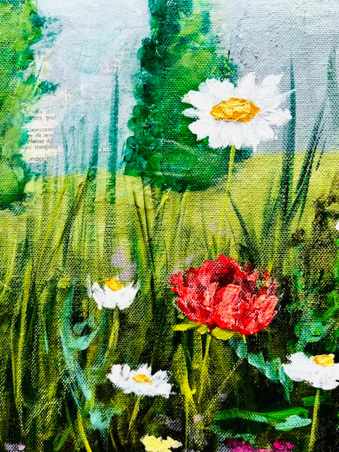 Colorful imagined garden painting with white daisies and a red flower on gallery wrapped canvas, set in lush fields.