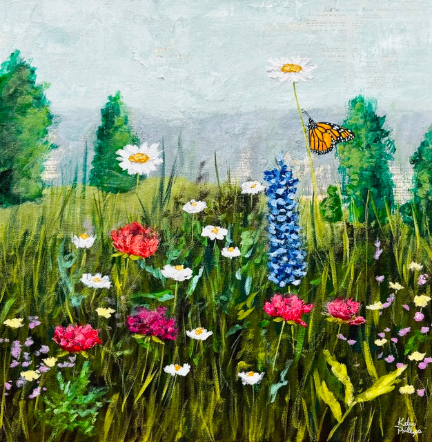 Colorful wildflowers and tall grass in an imagined garden painting, butterfly on white bloom, trees in the background.