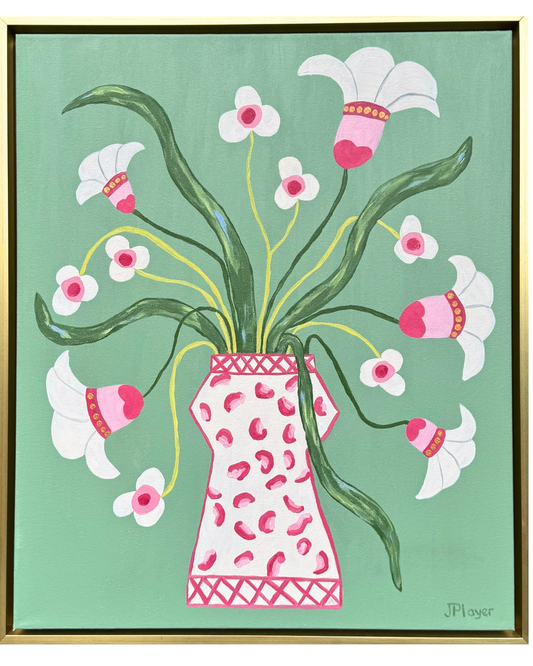 Floral art by Jeanne Player: pink and white blooms in a whimsical, abstract style on a green background.