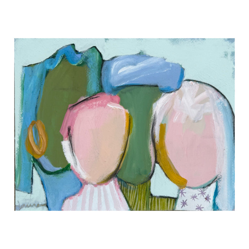KP Art Collective abstract mixed media art of three faceless figures in soft hues—ideal for motherhood wall decor.