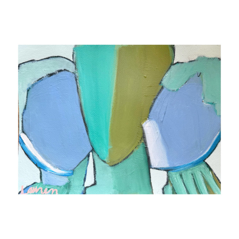 KP Art Collective presents mixed media art: blue-green shapes, bold strokes, and a central vertical yellow-green form.