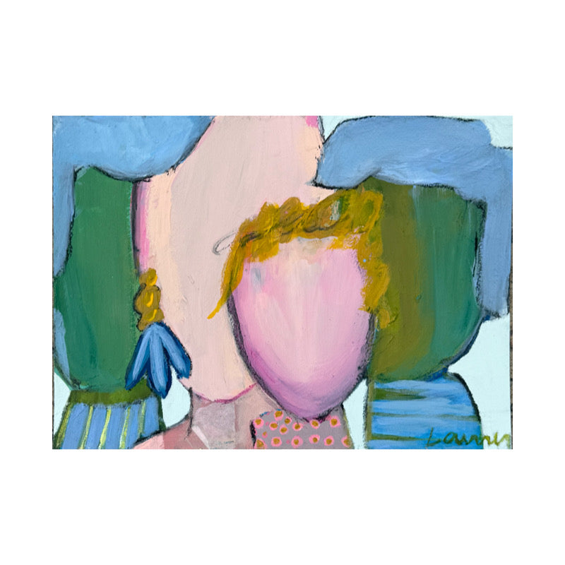 KP Art Collective abstract mixed media art of faceless figures with pink, peach, blue, green, and yellow tones.