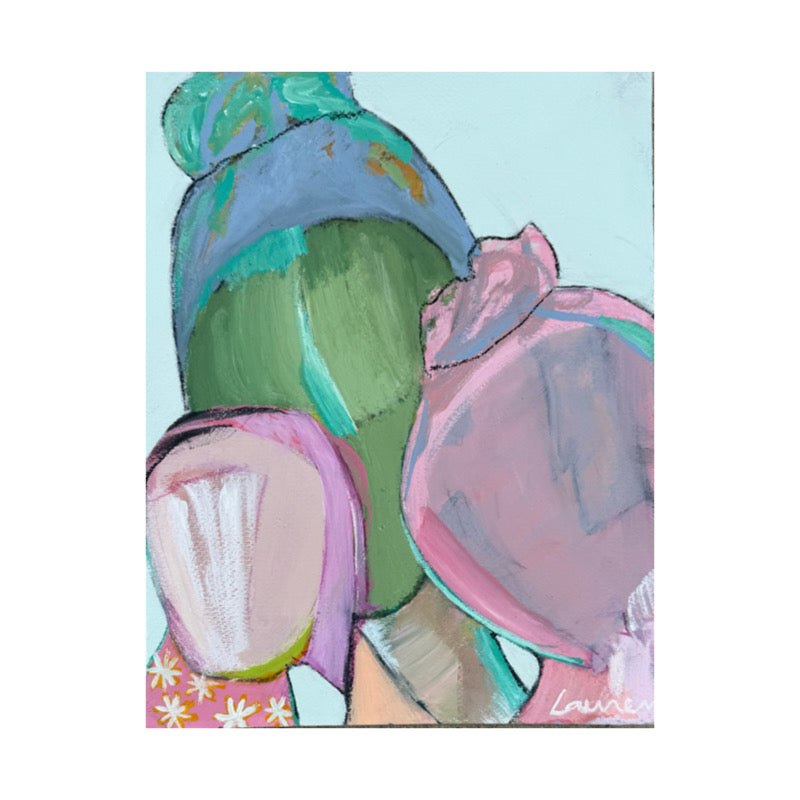 KP Art Collectives abstract mixed media art of three faceless figures, one with green hair and two in pink floral patterns.