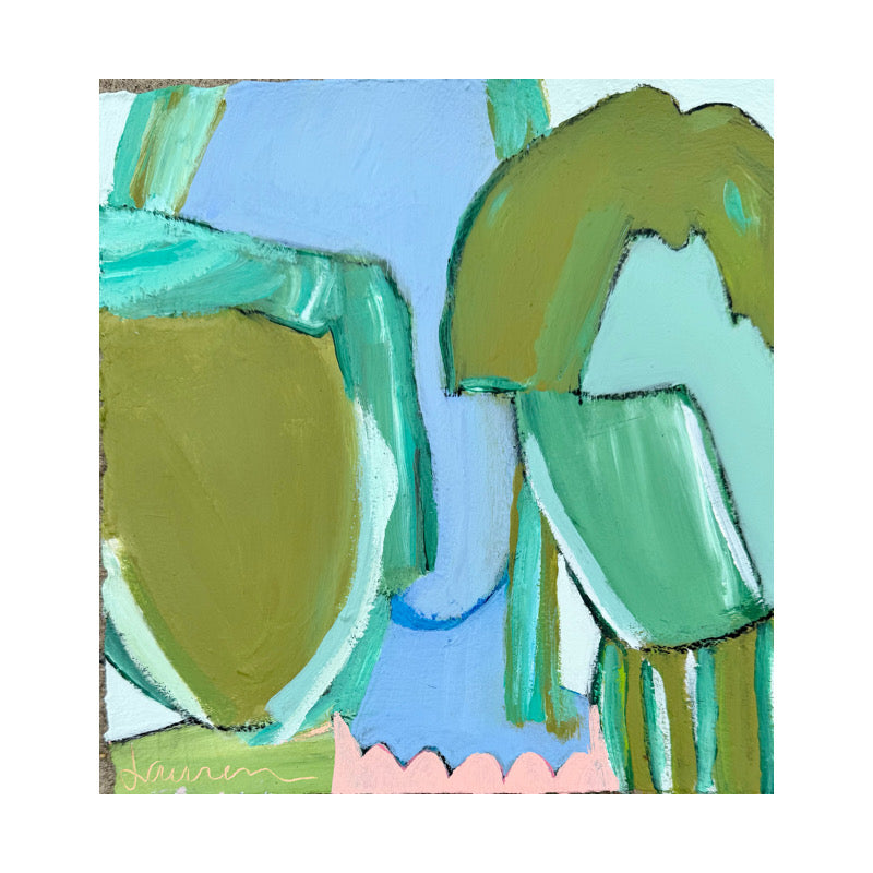 KP Art Collective mixed media painting by Lauren Roberts features blue, green, and olive shapes with a pink wavy line below.