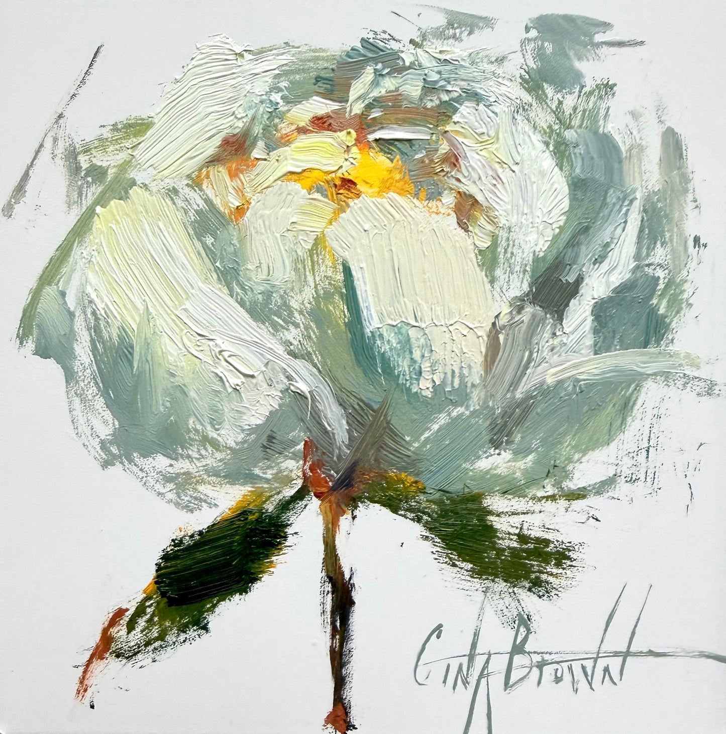 Original oil painting of a white flower with green leaves, signed by artist Gina Brown.