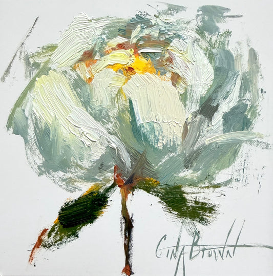 Original oil painting of a white flower with green leaves, signed by artist Gina Brown.