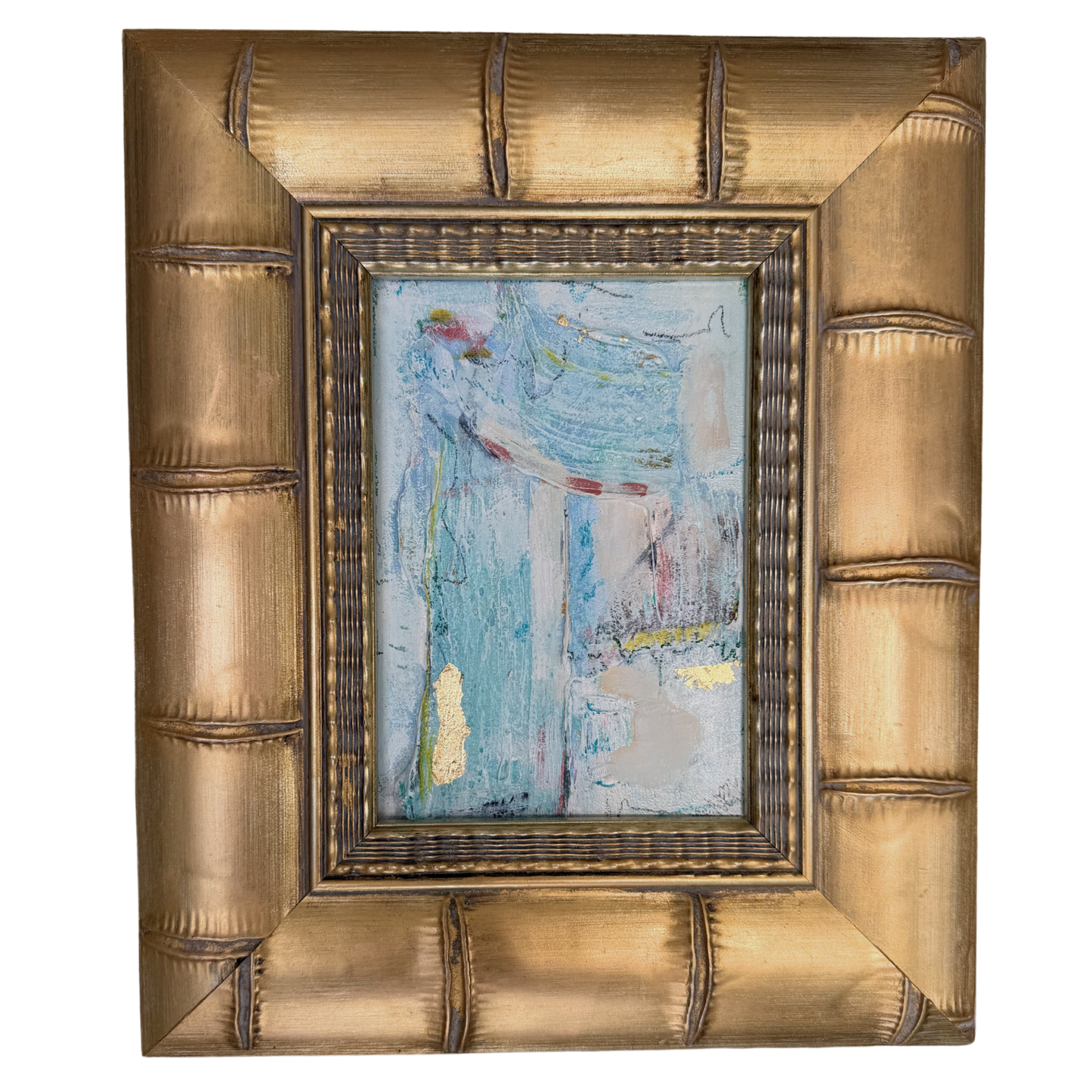 Blue, white, and gold abstract water landscape by Megan Guidry in a thick gold bamboo-patterned frame.