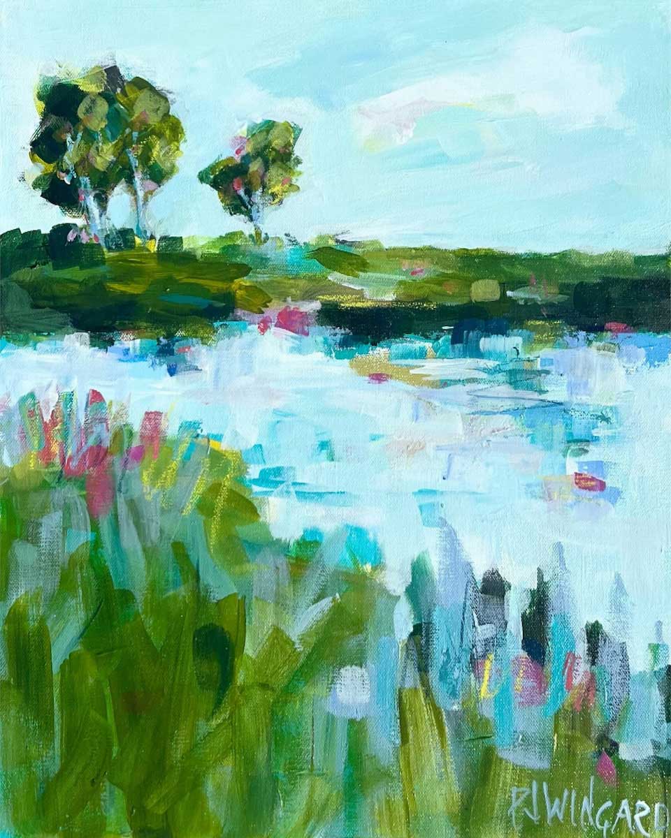 Original acrylic impressionist painting by Pamela Wingard of a pond with trees reflecting in the water under a bright sky.