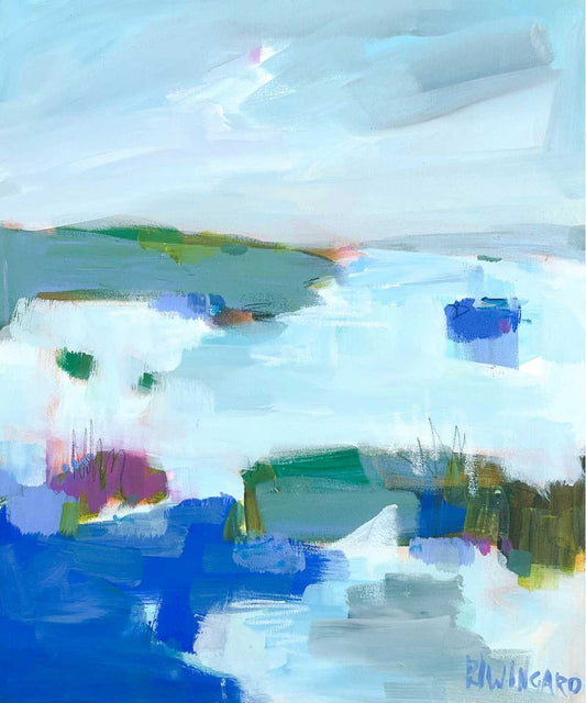 Pamela Wingard acrylic seascape on canvas with blue, green, and white brushstrokes evokes water, sky, and land.