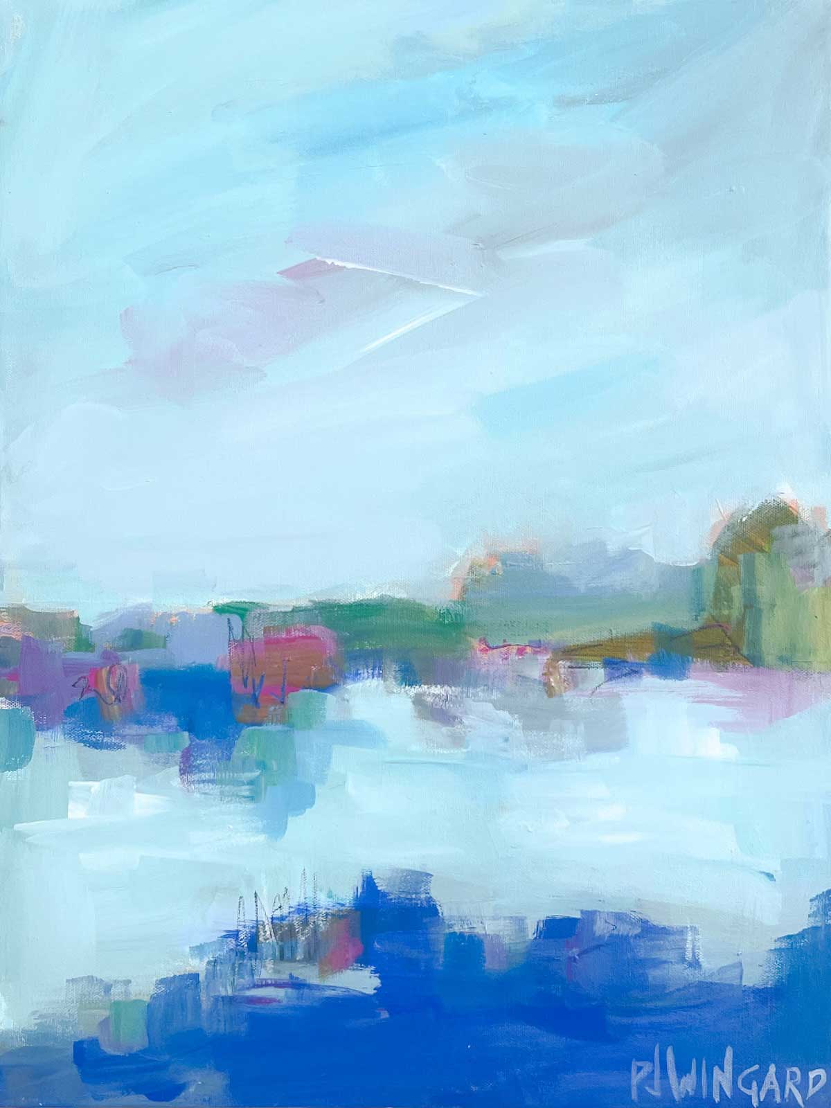 Pamela Wingard original acrylic painting, 24x18, blue sky reflected on water with green and pink landscape accents.