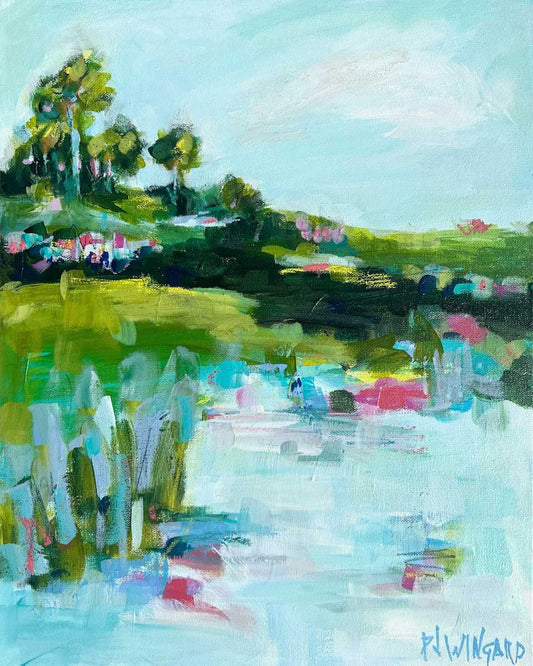 Pamela Wingard original acrylic 20x16 painting of a colorful abstract pond, green trees, and blue sky.