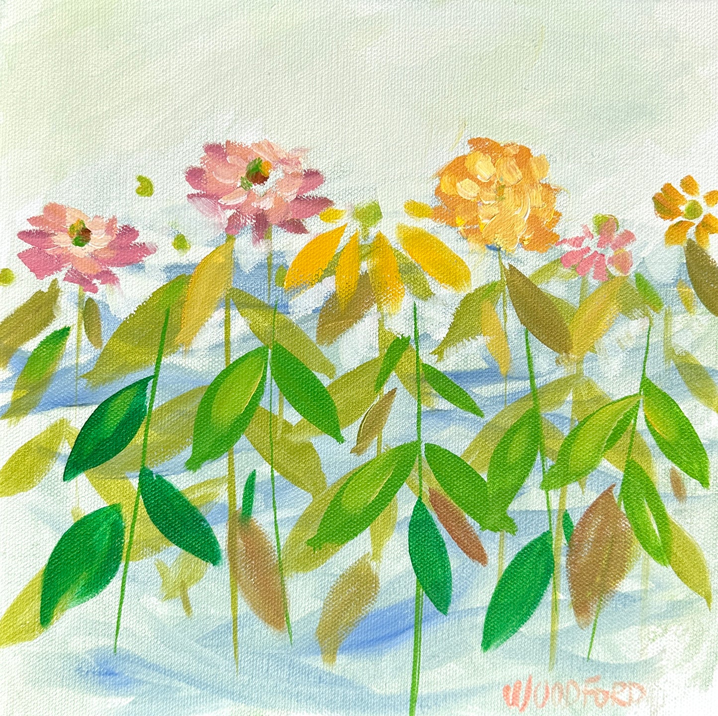 Modern florals with green leaves in a loose, impressionist style by Shannon Woodford on blue and white.