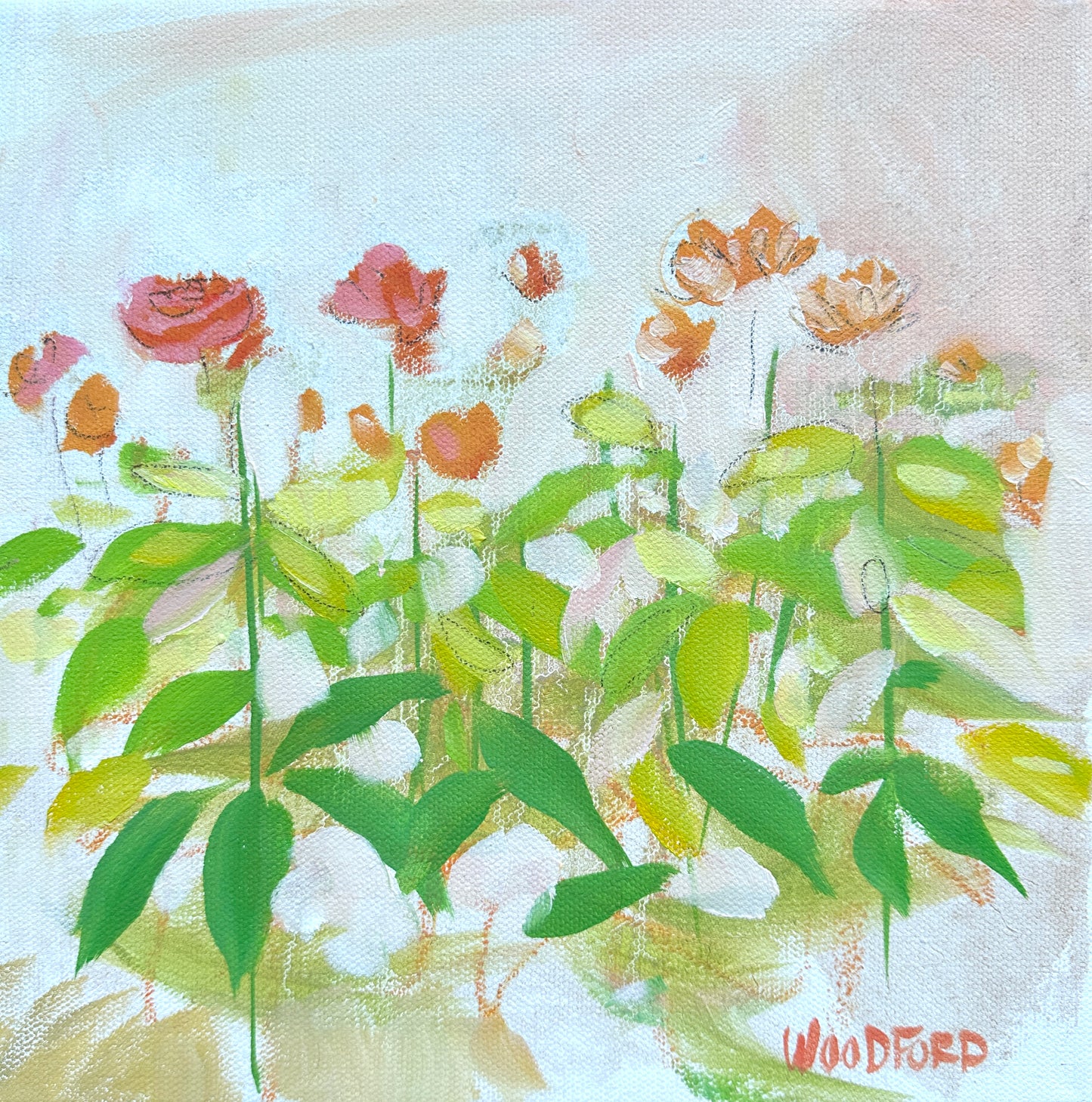 A vibrant oil on canvas by Shannon Woodford features pink and orange flowers with green leaves on a pale background.