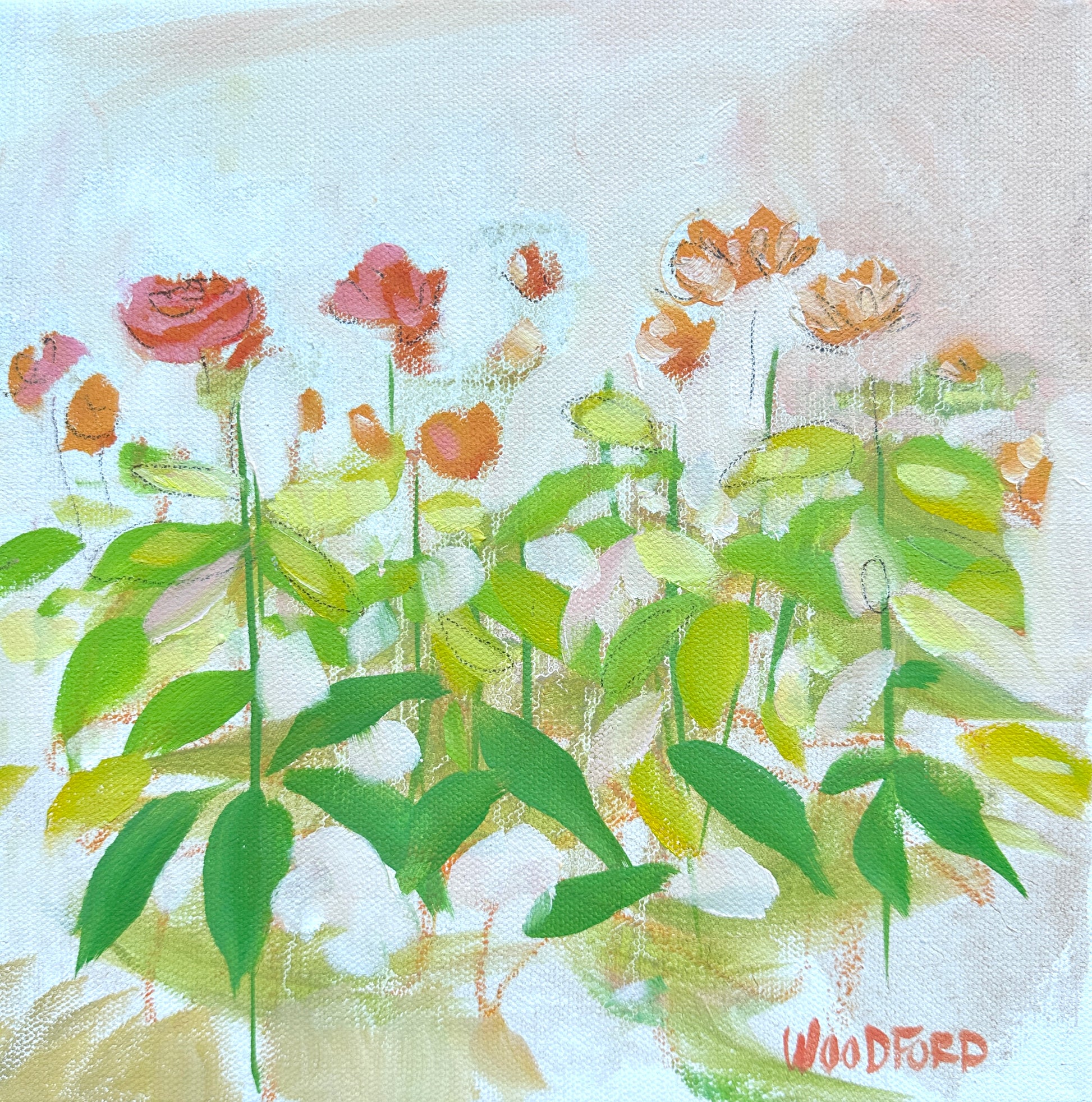 A vibrant oil on canvas by Shannon Woodford features pink and orange flowers with green leaves on a pale background.