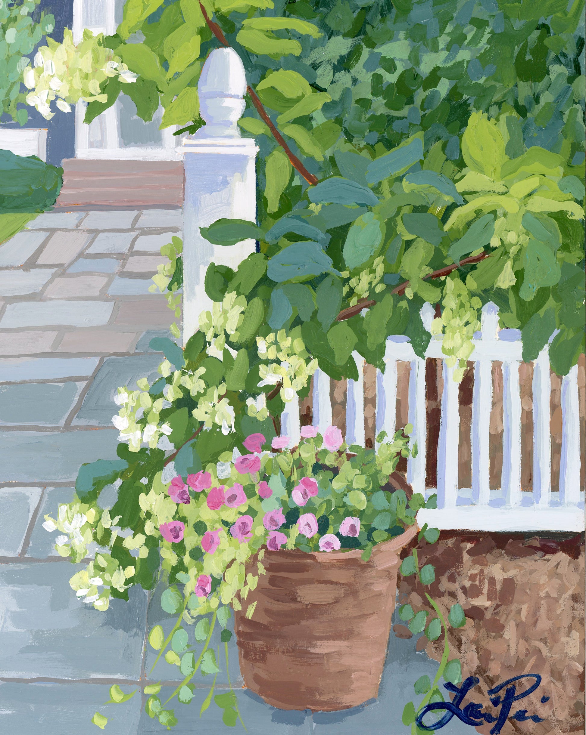 Lauri Prins hydrangeas with pink and white blooms brighten garden fences and a stone patio path.