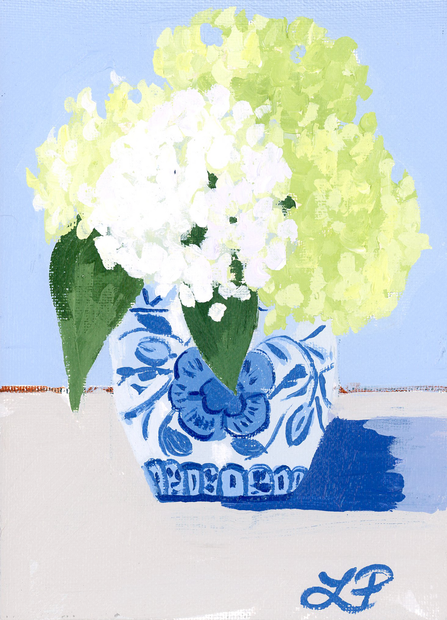 An original Lauri Prins acrylic painting of a blue and white vase with pale yellow flowers on a soft blue background.