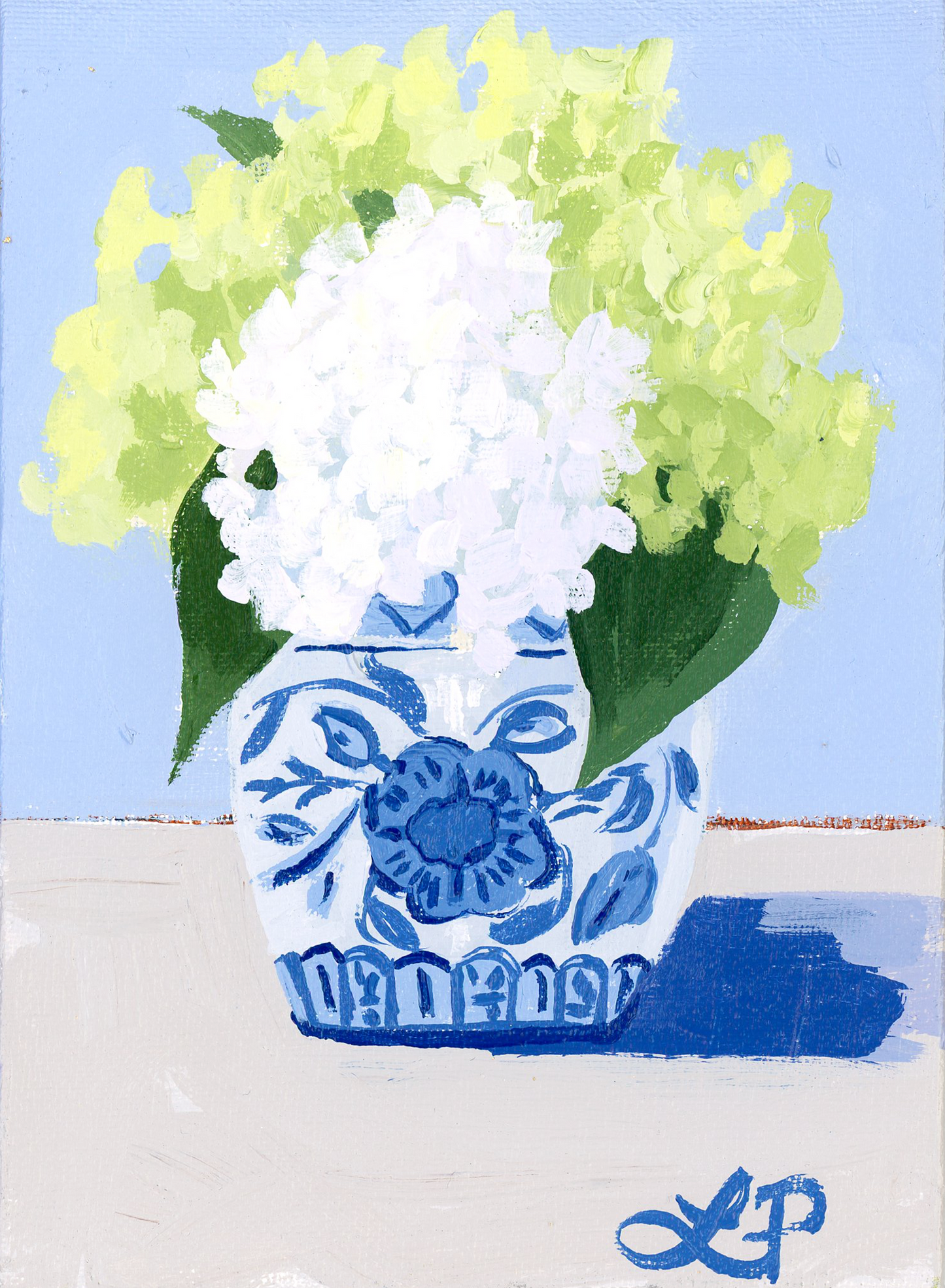 A Lauri Prins original acrylic painting: a blue and white vase with pale yellow flowers on a light surface.
