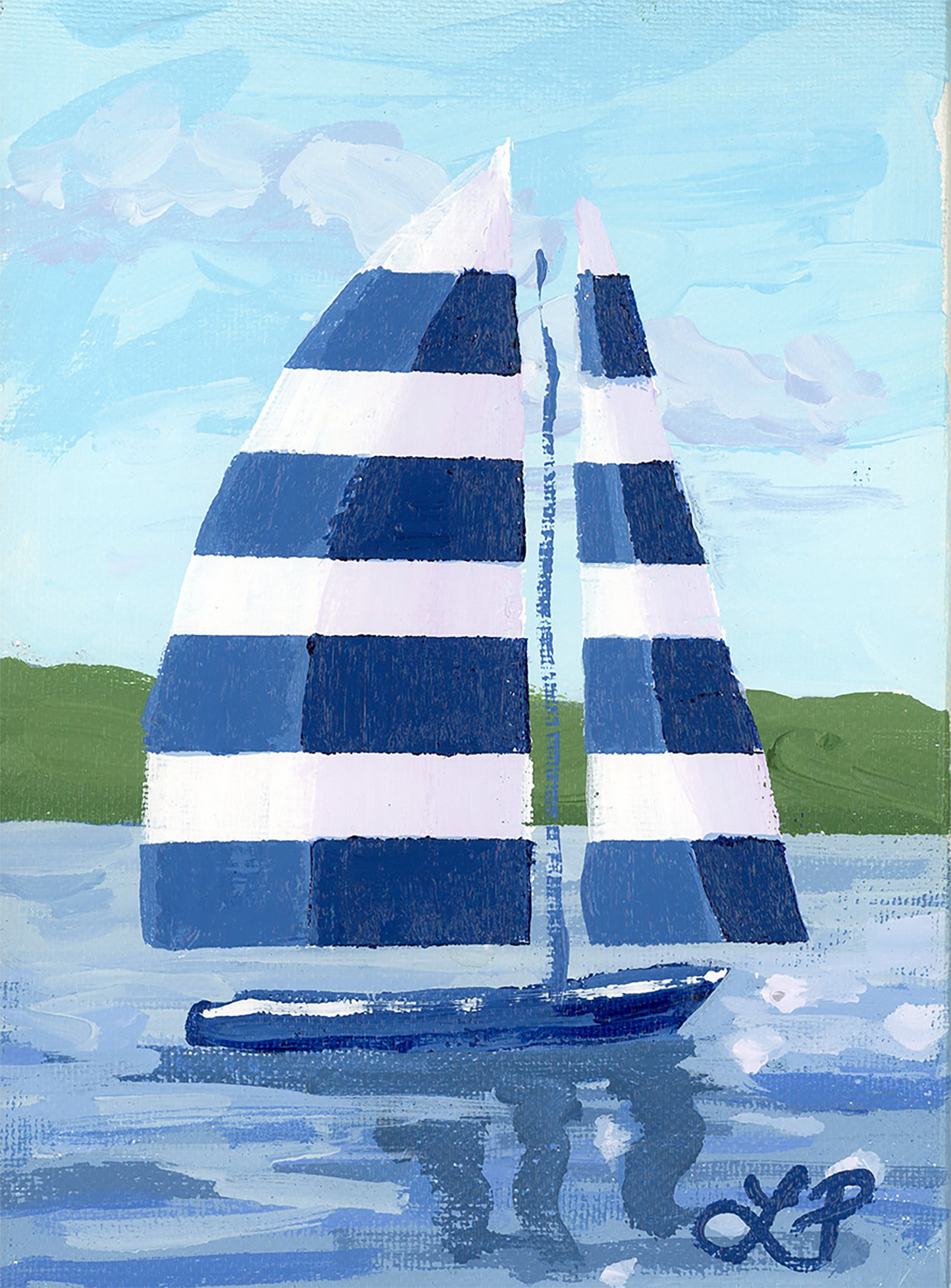 Acrylic painting by Lauri Prins: sailboat with blue and white sails on a lake, green hills, blue sky.