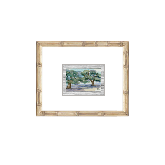 Framed live oak watercolor art with two green trees and blue sky by Elizabeth Sheats Art & Design.
