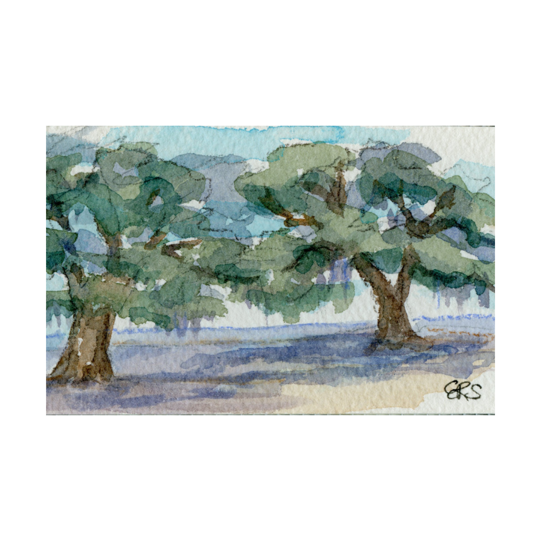 Watercolor painting of two leafy trees with blue-green foliage by Elizabeth Sheats Art & Design.