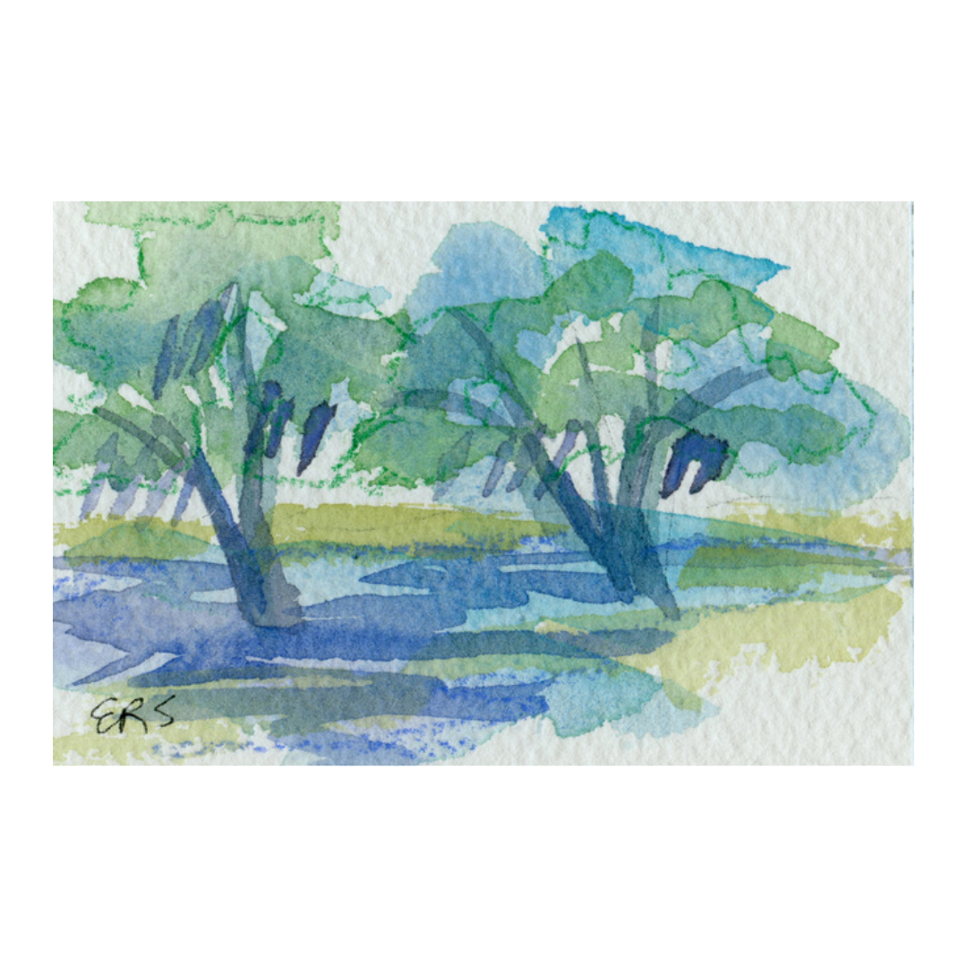 Watercolor of two green trees by blue water from Elizabeth Sheats Art & Design.