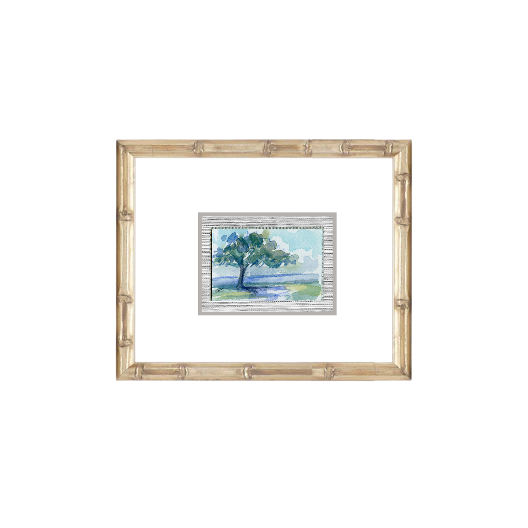 Watercolor of a live oak by water, gold-framed, from Elizabeth Sheats Art & Design.