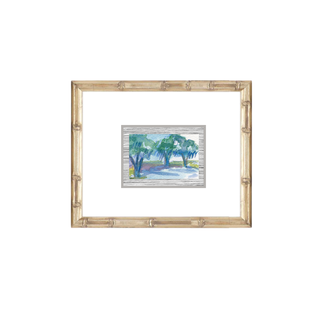 Framed original watercolor of green live oaks by water, from Elizabeth Sheats Art & Design.