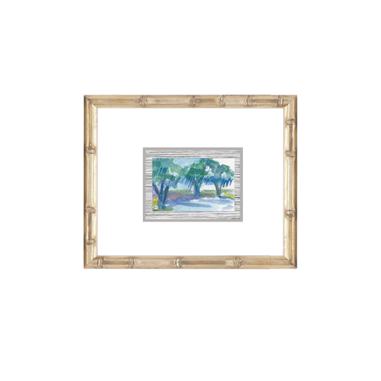 Framed original watercolor of green live oaks by water, from Elizabeth Sheats Art & Design.